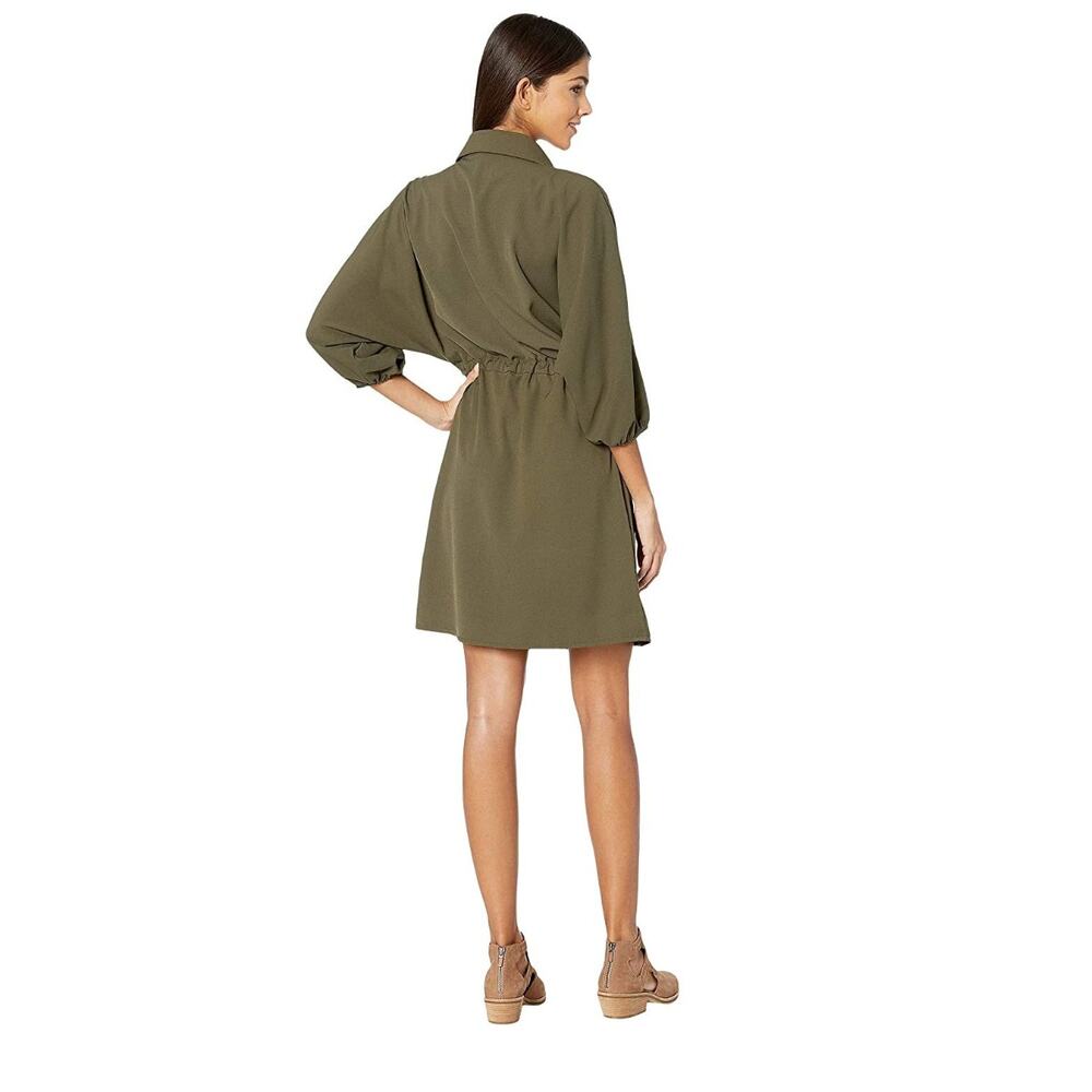 Bishop + Young Safari Olive Green Puff Sleeve Button Up Midi Dress - Small NWT - Picture 4 of 12